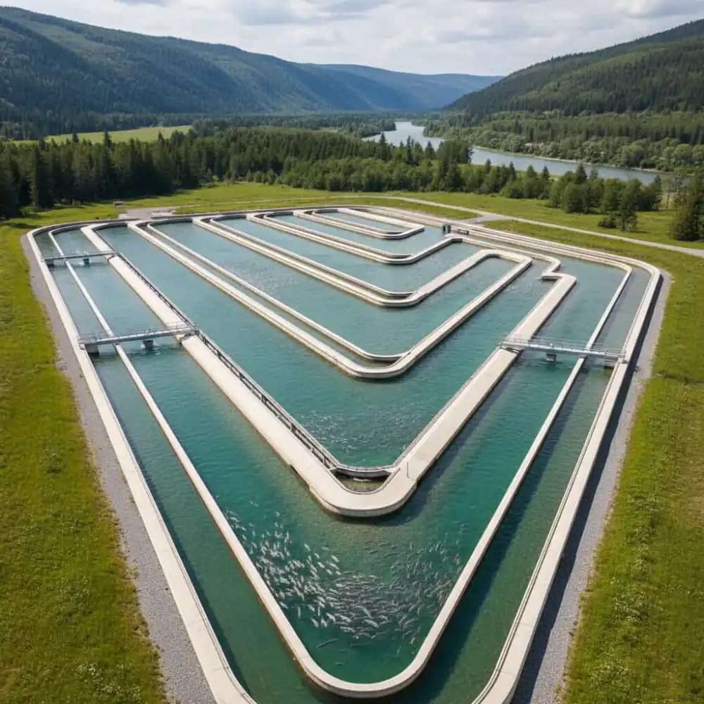 Aerial view of modern trout raceways