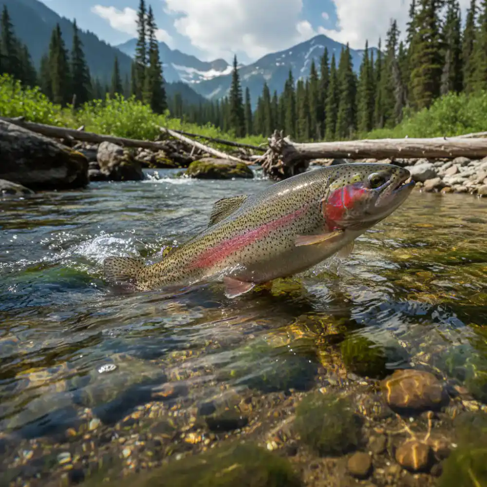 A large, healthy trout swimming against the current in crystal clear mountain stream water