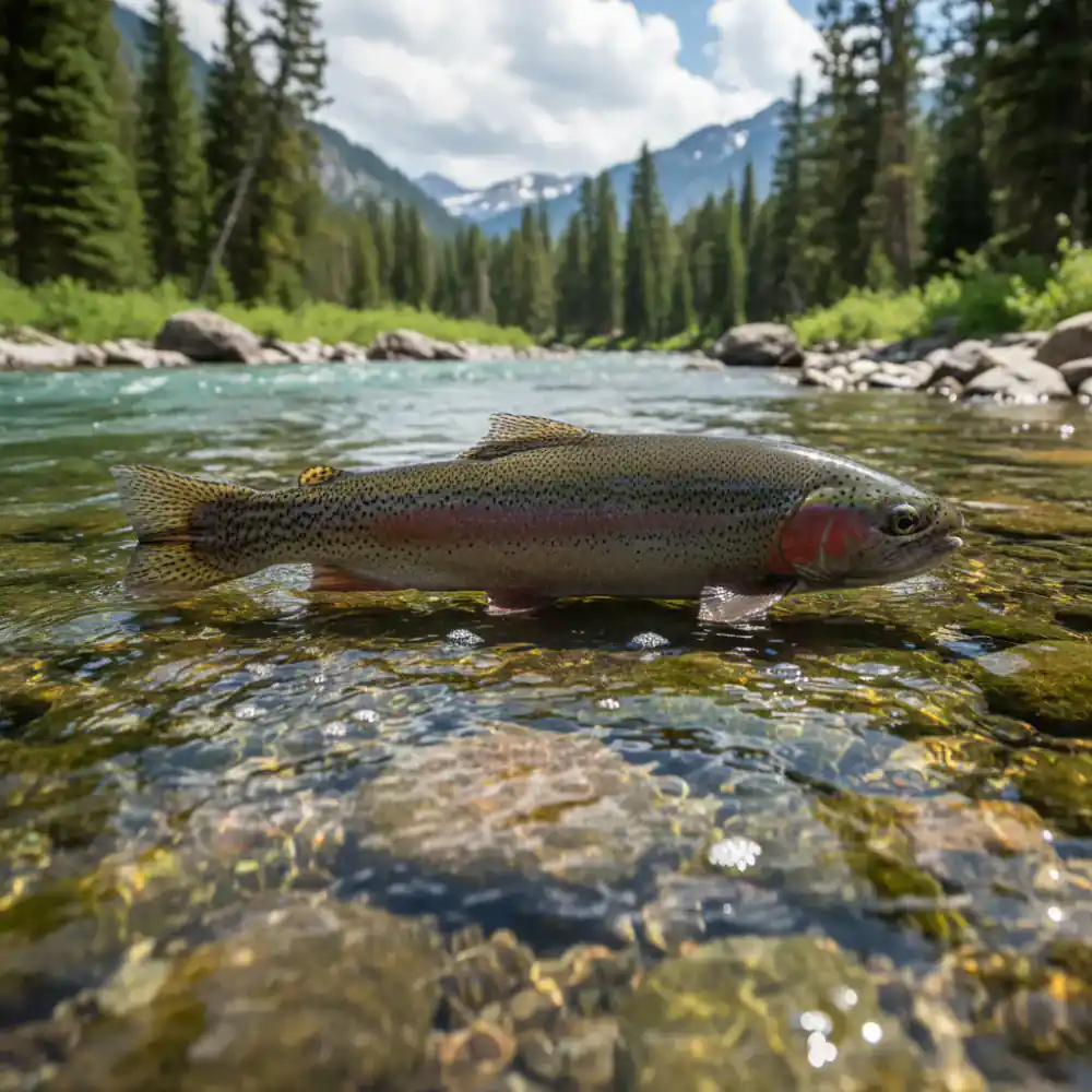 Large trout swimming in crystal clear mountain stream water