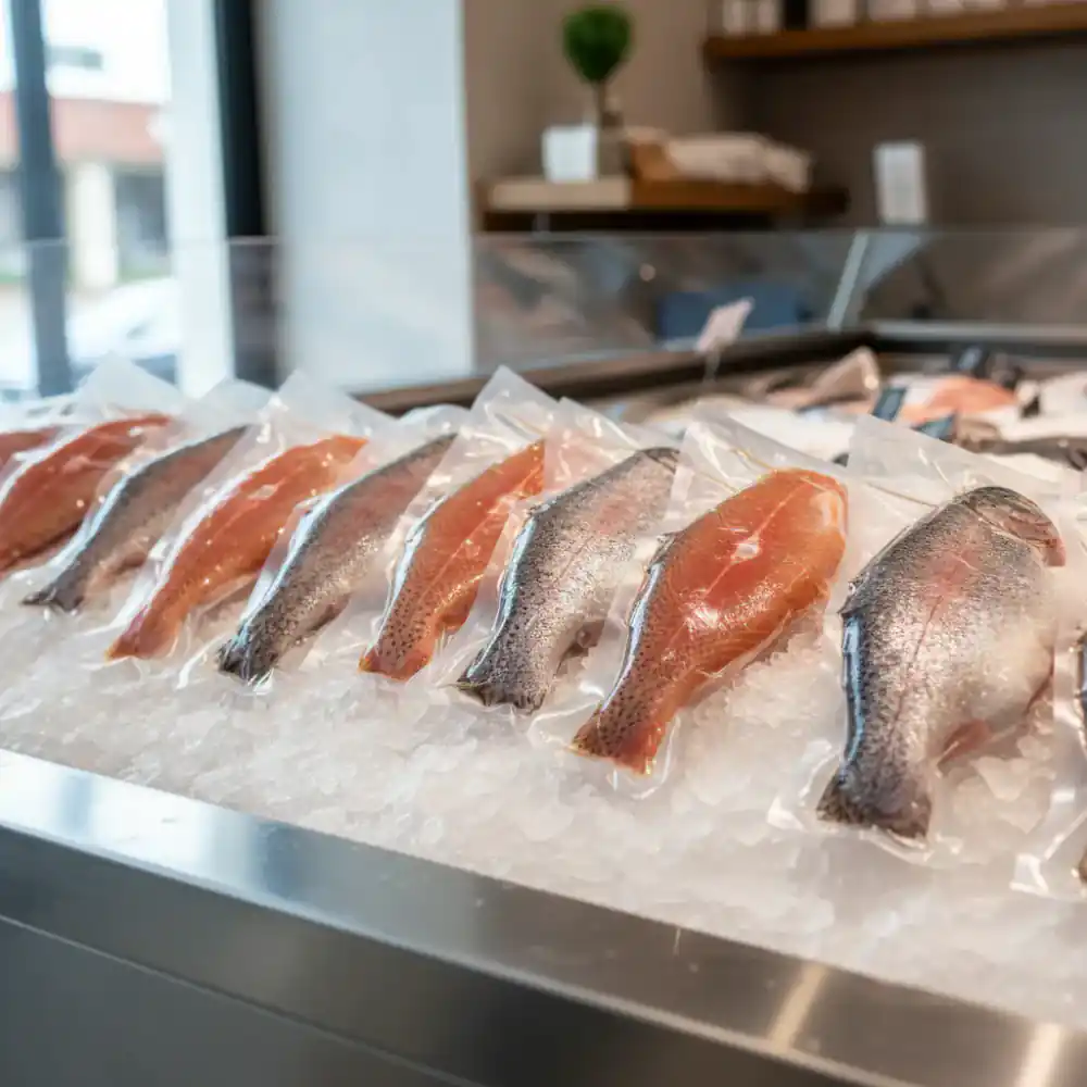 Premium packaged trout fillets on ice